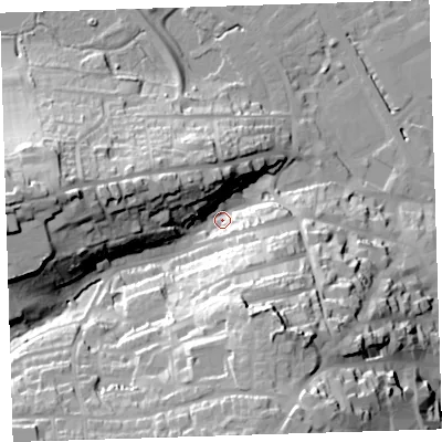 Shaded relief map of the ground around EX393JQ, computed from Environment Agency LiDAR. The ground here sits at about 8 m above sea level and falls 47 m across the surrounding 800 m. Surface water reaching this point runs off ground lying to the south-south-east, 42.1 m higher.