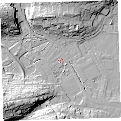 Shaded relief map of the ground around EX393JT, computed from Environment Agency LiDAR. The ground here sits at about 4 m above sea level and falls 33 m across the surrounding 800 m. Surface water reaching this point runs off ground lying to the south-south-west, 3.1 m higher.
