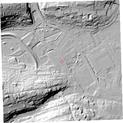 Shaded relief map of the ground around EX393JZ, computed from Environment Agency LiDAR. The ground here sits at about 5 m above sea level and falls 38 m across the surrounding 800 m. Surface water reaching this point runs off ground lying to the south-west, 21.6 m higher.