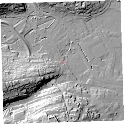 Shaded relief map of the ground around EX393LA, computed from Environment Agency LiDAR. The ground here sits at about 5 m above sea level and falls 44 m across the surrounding 800 m. Surface water reaching this point runs off ground lying to the south, 42.3 m higher.