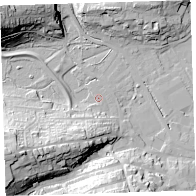 Shaded relief map of the ground around EX393LB, computed from Environment Agency LiDAR. The ground here sits at about 5 m above sea level and falls 43 m across the surrounding 800 m. Surface water reaching this point runs off ground lying to the south-west, 7.8 m higher.