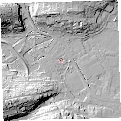 Shaded relief map of the ground around EX393LD, computed from Environment Agency LiDAR. The ground here sits at about 4 m above sea level and falls 34 m across the surrounding 800 m. Surface water reaching this point runs off ground lying to the south-south-west, 3.1 m higher.