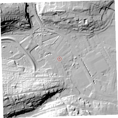 Shaded relief map of the ground around EX393LE, computed from Environment Agency LiDAR. The ground here sits at about 5 m above sea level and falls 38 m across the surrounding 800 m. Surface water reaching this point runs off ground lying to the south, 1.0 m higher.