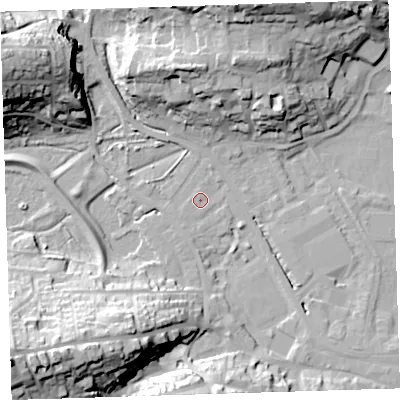 Shaded relief map of the ground around EX393LF, computed from Environment Agency LiDAR. The ground here sits at about 4 m above sea level and falls 38 m across the surrounding 800 m. Surface water reaching this point runs off ground lying to the south, 3.1 m higher.