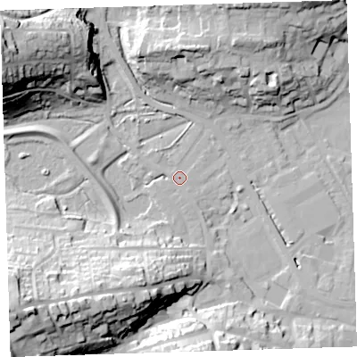 Shaded relief map of the ground around EX393LG, computed from Environment Agency LiDAR. The ground here sits at about 5 m above sea level and falls 39 m across the surrounding 800 m. Surface water reaching this point runs off ground lying to the north-east, 0.6 m higher.