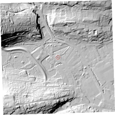 Shaded relief map of the ground around EX393LQ, computed from Environment Agency LiDAR. The ground here sits at about 5 m above sea level and falls 48 m across the surrounding 800 m. Surface water reaching this point runs off ground lying to the north-north-east, 1.9 m higher.