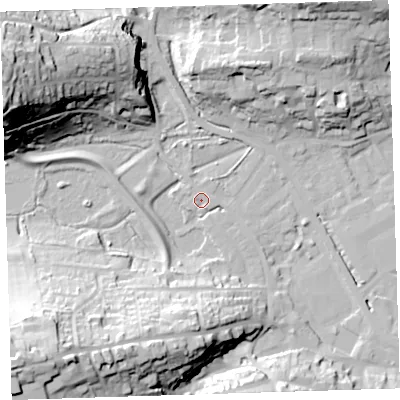 Shaded relief map of the ground around EX393NG, computed from Environment Agency LiDAR. The ground here sits at about 5 m above sea level and falls 51 m across the surrounding 800 m. Surface water reaching this point runs off ground lying to the south-south-west, 21.2 m higher.