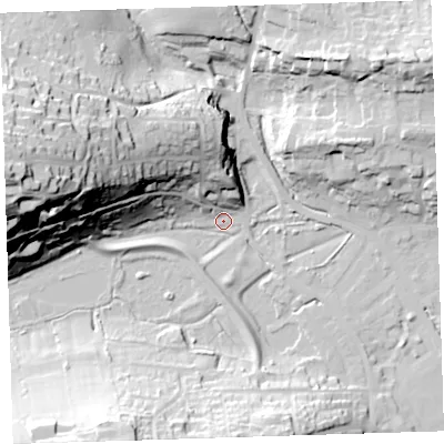 Shaded relief map of the ground around EX393NQ, computed from Environment Agency LiDAR. The ground here sits at about 5 m above sea level and falls 64 m across the surrounding 800 m. Surface water reaching this point runs off ground lying to the west-north-west, 56.4 m higher.