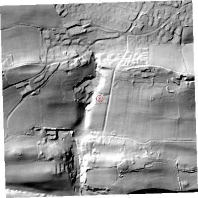Shaded relief map of the ground around EX393PL, computed from Environment Agency LiDAR. The ground here sits at about 53 m above sea level and falls 71 m across the surrounding 800 m. Surface water reaching this point runs off ground lying to the north-east, 8.7 m higher.