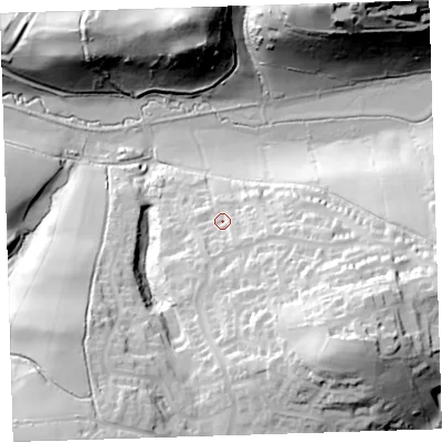 Shaded relief map of the ground around EX393RU, computed from Environment Agency LiDAR. The ground here sits at about 26 m above sea level and falls 63 m across the surrounding 800 m. Surface water reaching this point runs off ground lying to the south-east, 42.5 m higher.