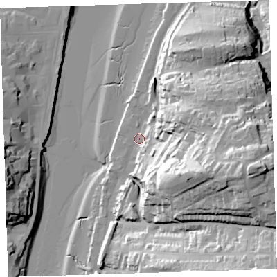Shaded relief map of the ground around EX394AE, computed from Environment Agency LiDAR. The ground here sits at about 6 m above sea level and falls 61 m across the surrounding 800 m. Surface water reaching this point runs off ground lying to the east-south-east, 48.2 m higher.
