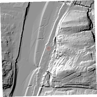 Shaded relief map of the ground around EX394AU, computed from Environment Agency LiDAR. The ground here sits at about 5 m above sea level and falls 61 m across the surrounding 800 m. Surface water reaching this point runs off ground lying to the east, 36.8 m higher.