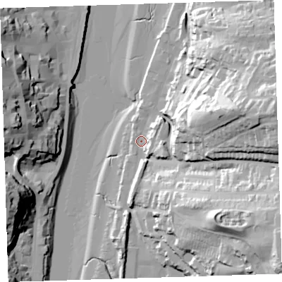 Shaded relief map of the ground around EX394DP, computed from Environment Agency LiDAR. The ground here sits at about 5 m above sea level and falls 58 m across the surrounding 800 m. Surface water reaching this point runs off ground lying to the east-north-east, 51.5 m higher.