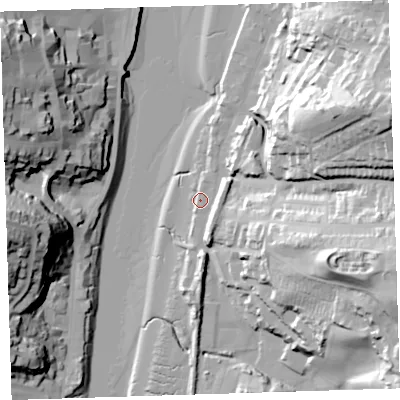 Shaded relief map of the ground around EX394DR, computed from Environment Agency LiDAR. The ground here sits at about 5 m above sea level and falls 56 m across the surrounding 800 m. Surface water reaching this point runs off ground lying to the north-east, 2.9 m higher.