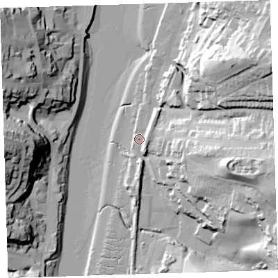 Shaded relief map of the ground around EX394DS, computed from Environment Agency LiDAR. The ground here sits at about 5 m above sea level and falls 56 m across the surrounding 800 m. Surface water reaching this point runs off ground lying to the east-south-east, 46.9 m higher.