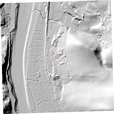 Shaded relief map of the ground around EX394DT, computed from Environment Agency LiDAR. The ground here sits at about 11 m above sea level and falls 72 m across the surrounding 800 m. Surface water reaching this point runs off ground lying to the east-north-east, 33.6 m higher.