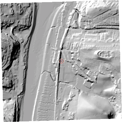 Shaded relief map of the ground around EX394DU, computed from Environment Agency LiDAR. The ground here sits at about 5 m above sea level and falls 56 m across the surrounding 800 m. Surface water reaching this point runs off ground lying to the east, 47.3 m higher.