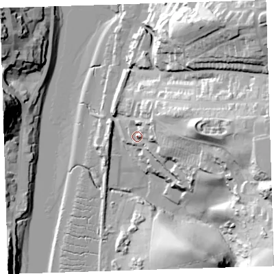 Shaded relief map of the ground around EX394EA, computed from Environment Agency LiDAR. The ground here sits at about 14 m above sea level and falls 64 m across the surrounding 800 m. Surface water reaching this point runs off ground lying to the east, 36.0 m higher.