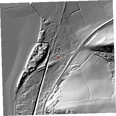 Shaded relief map of the ground around EX394FQ, computed from Environment Agency LiDAR. The ground here sits at about 9 m above sea level and falls 75 m across the surrounding 800 m. Surface water reaching this point runs off ground lying to the south, 7.3 m higher.