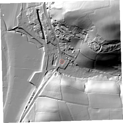 Shaded relief map of the ground around EX394HS, computed from Environment Agency LiDAR. The ground here sits at about 6 m above sea level and falls 82 m across the surrounding 800 m. Surface water reaching this point runs off ground lying to the north-east, 75.6 m higher.