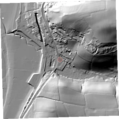 Shaded relief map of the ground around EX394HT, computed from Environment Agency LiDAR. The ground here sits at about 6 m above sea level and falls 83 m across the surrounding 800 m. Surface water reaching this point runs off ground lying to the north-east, 76.0 m higher.