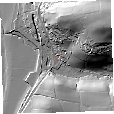 Shaded relief map of the ground around EX394HU, computed from Environment Agency LiDAR. The ground here sits at about 6 m above sea level and falls 83 m across the surrounding 800 m. Surface water reaching this point runs off ground lying to the north-east, 76.9 m higher.