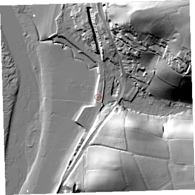 Shaded relief map of the ground around EX394HW, computed from Environment Agency LiDAR. The ground here sits at about 6 m above sea level and falls 72 m across the surrounding 800 m. Surface water reaching this point runs off ground lying to the north-east, 65.7 m higher.