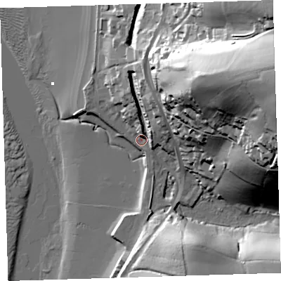 Shaded relief map of the ground around EX394HX, computed from Environment Agency LiDAR. The ground here sits at about 6 m above sea level and falls 72 m across the surrounding 800 m. Surface water reaching this point runs off ground lying to the north-north-east, 12.9 m higher.