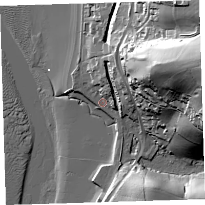 Shaded relief map of the ground around EX394HY, computed from Environment Agency LiDAR. The ground here sits at about 6 m above sea level and falls 69 m across the surrounding 800 m. Surface water reaching this point runs off ground lying to the north-east, 13.1 m higher.