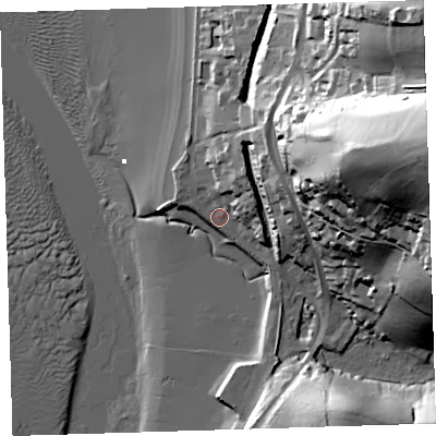 Shaded relief map of the ground around EX394HZ, computed from Environment Agency LiDAR. The ground here sits at about 6 m above sea level and falls 66 m across the surrounding 800 m. Surface water reaching this point runs off ground lying to the north-north-east, 7.6 m higher.