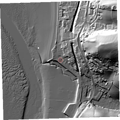 Shaded relief map of the ground around EX394JA, computed from Environment Agency LiDAR. The ground here sits at about 6 m above sea level and falls 65 m across the surrounding 800 m. Surface water reaching this point runs off ground lying to the north-east, 7.6 m higher.