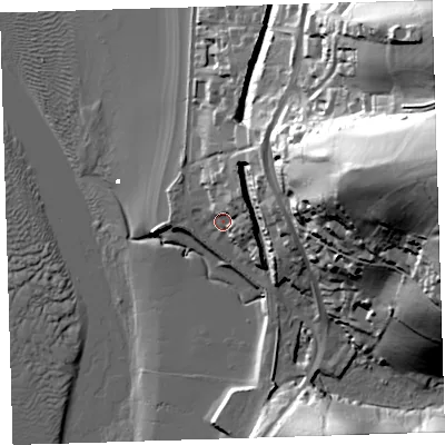 Shaded relief map of the ground around EX394JD, computed from Environment Agency LiDAR. The ground here sits at about 7 m above sea level and falls 67 m across the surrounding 800 m. Surface water reaching this point runs off ground lying to the east-north-east, 6.7 m higher.