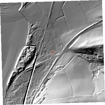 Shaded relief map of the ground around EX394JH, computed from Environment Agency LiDAR. The ground here sits at about 8 m above sea level and falls 74 m across the surrounding 800 m. Surface water reaching this point runs off ground lying to the south-east, 5.2 m higher.