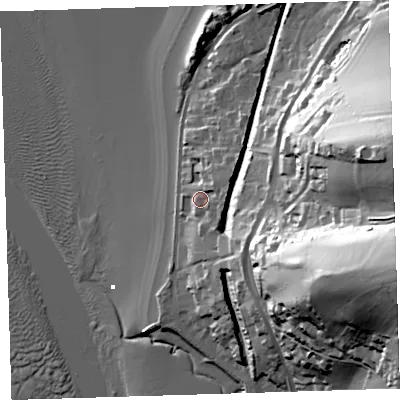 Shaded relief map of the ground around EX394JN, computed from Environment Agency LiDAR. The ground here sits at about 9 m above sea level and falls 67 m across the surrounding 800 m. Surface water reaching this point runs off ground lying to the east-north-east, 5.8 m higher.