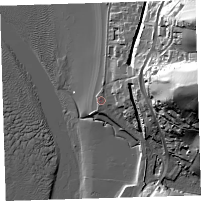 Shaded relief map of the ground around EX394JP, computed from Environment Agency LiDAR. The ground here sits at about 6 m above sea level and falls 63 m across the surrounding 800 m. Surface water reaching this point runs off ground lying to the east-north-east, 7.4 m higher.
