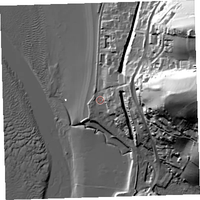 Shaded relief map of the ground around EX394JW, computed from Environment Agency LiDAR. The ground here sits at about 6 m above sea level and falls 64 m across the surrounding 800 m. Surface water reaching this point runs off ground lying to the east, 7.5 m higher.