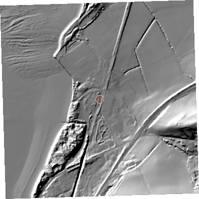 Shaded relief map of the ground around EX394LF, computed from Environment Agency LiDAR. The ground here sits at about 7 m above sea level and falls 43 m across the surrounding 800 m. Surface water reaching this point runs off ground lying to the north, 1.2 m higher.