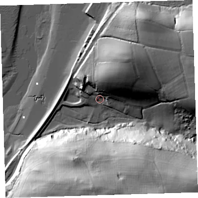 Shaded relief map of the ground around EX394LL, computed from Environment Agency LiDAR. The ground here sits at about 6 m above sea level and falls 64 m across the surrounding 800 m. Surface water reaching this point runs off ground lying to the south-east, 59.4 m higher.
