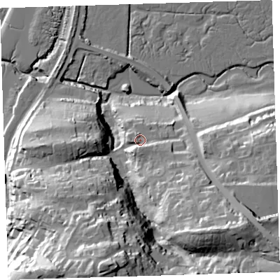 Shaded relief map of the ground around EX394ND, computed from Environment Agency LiDAR. The ground here sits at about 18 m above sea level and falls 61 m across the surrounding 800 m. Surface water reaching this point runs off ground lying to the south-east, 6.2 m higher.