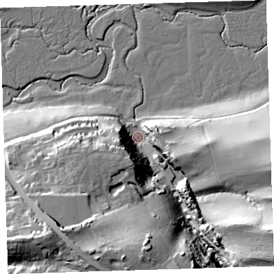 Shaded relief map of the ground around EX394NE, computed from Environment Agency LiDAR. The ground here sits at about 6 m above sea level and falls 47 m across the surrounding 800 m. Surface water reaching this point runs off ground lying to the south-east, 42.8 m higher.