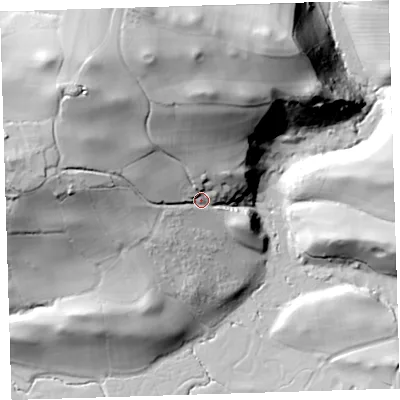 Shaded relief map of the ground around EX394NH, computed from Environment Agency LiDAR. The ground here sits at about 26 m above sea level and falls 68 m across the surrounding 800 m. Surface water reaching this point runs off ground lying to the north-west, 43.0 m higher.