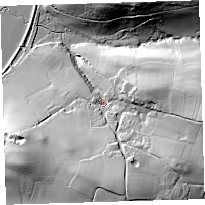 Shaded relief map of the ground around EX394NL, computed from Environment Agency LiDAR. The ground here sits at about 26 m above sea level and falls 62 m across the surrounding 800 m. Surface water reaching this point runs off ground lying to the south-south-east, 37.4 m higher.