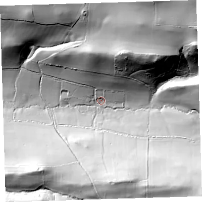 Shaded relief map of the ground around EX394PG, computed from Environment Agency LiDAR. The ground here sits at about 26 m above sea level and falls 70 m across the surrounding 800 m. Surface water reaching this point runs off ground lying to the north-north-east, 65.1 m higher.