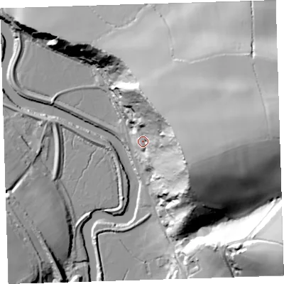 Shaded relief map of the ground around EX394QN, computed from Environment Agency LiDAR. The ground here sits at about 14 m above sea level and falls 73 m across the surrounding 800 m. Surface water reaching this point runs off ground lying to the east, 65.7 m higher.