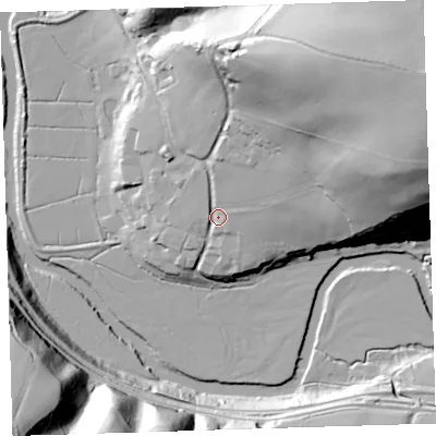Shaded relief map of the ground around EX394QP, computed from Environment Agency LiDAR. The ground here sits at about 17 m above sea level and falls 80 m across the surrounding 800 m. Surface water reaching this point runs off ground lying to the north-east, 66.0 m higher.