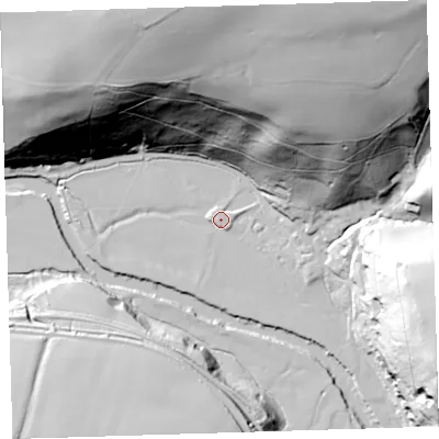 Shaded relief map of the ground around EX394QR, computed from Environment Agency LiDAR. The ground here sits at about 8 m above sea level and falls 85 m across the surrounding 800 m. Surface water reaching this point runs off ground lying to the north-north-east, 77.9 m higher.