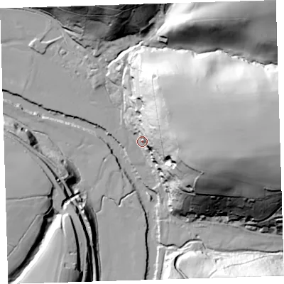 Shaded relief map of the ground around EX394QS, computed from Environment Agency LiDAR. The ground here sits at about 10 m above sea level and falls 70 m across the surrounding 800 m. Surface water reaching this point runs off ground lying to the east, 60.6 m higher.
