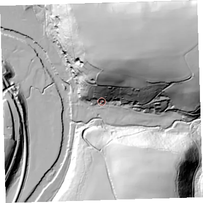 Shaded relief map of the ground around EX394QT, computed from Environment Agency LiDAR. The ground here sits at about 14 m above sea level and falls 64 m across the surrounding 800 m. Surface water reaching this point runs off ground lying to the north-north-east, 58.7 m higher.