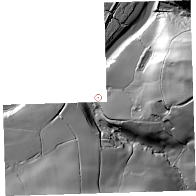 Shaded relief map of the ground around EX394RA, computed from Environment Agency LiDAR. and falls 73 m across the surrounding 800 m. Surface water reaching this point runs off ground lying to the south-east, 19.6 m higher.