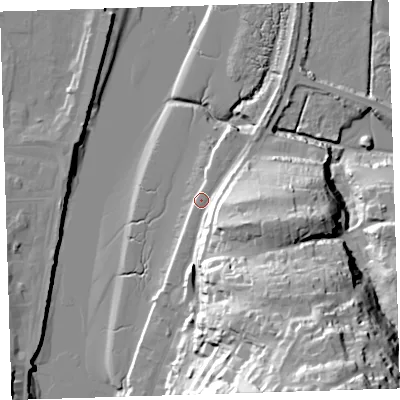 Shaded relief map of the ground around EX394RH, computed from Environment Agency LiDAR. The ground here sits at about 6 m above sea level and falls 60 m across the surrounding 800 m. Surface water reaching this point runs off ground lying to the south-south-east, 42.2 m higher.
